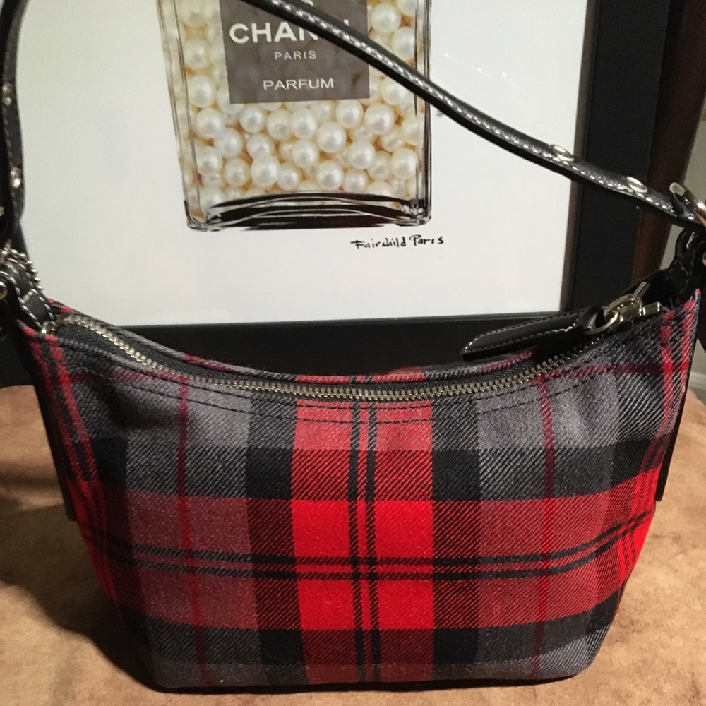 COACH PRE-LOVED VINTAGE AUTHENTIC MINI TARTAN RED WOOL & LEATHER SHOULDER BAG - Picture 6 of 13